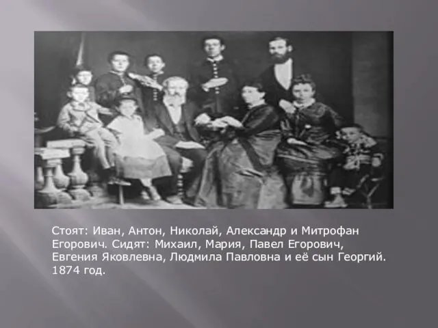 Стоят: Иван, Антон, Николай, Александр и Митрофан Егорович. Сидят: Михаил, Мария, Павел Егорович,