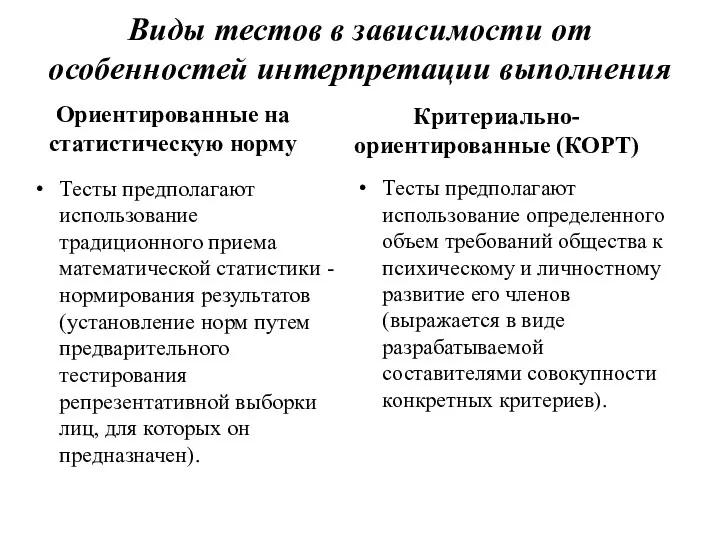 Виды тестов в зависимости от особенностей интерпретации выполнения Ориентированные на статистическую норму Тесты