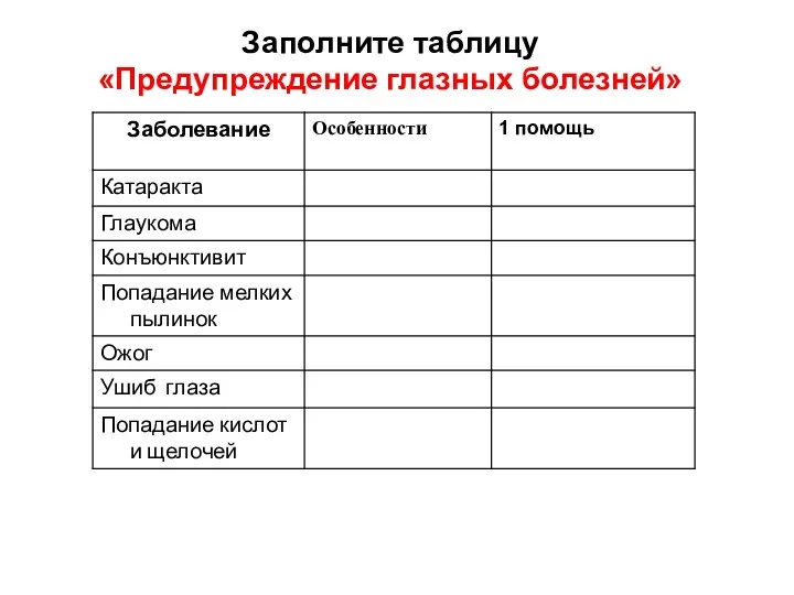 Заполните таблицу «Предупреждение глазных болезней»