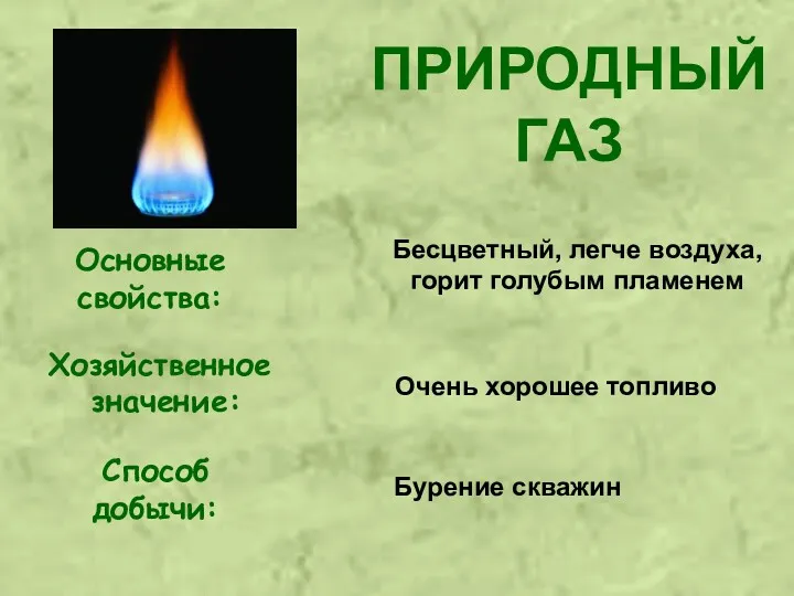 ПРИРОДНЫЙ ГАЗ Основные свойства: Хозяйственное значение: Способ добычи: Бесцветный, легче