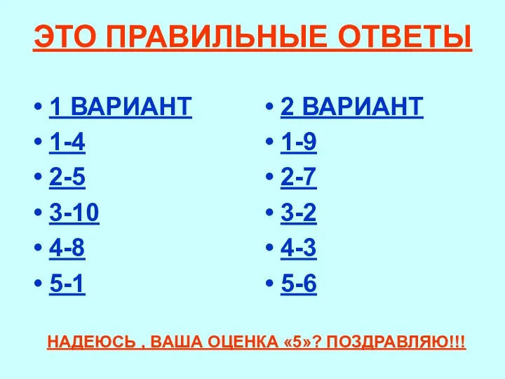 ЭТО ПРАВИЛЬНЫЕ ОТВЕТЫ 1 ВАРИАНТ 1-4 2-5 3-10 4-8 5-1