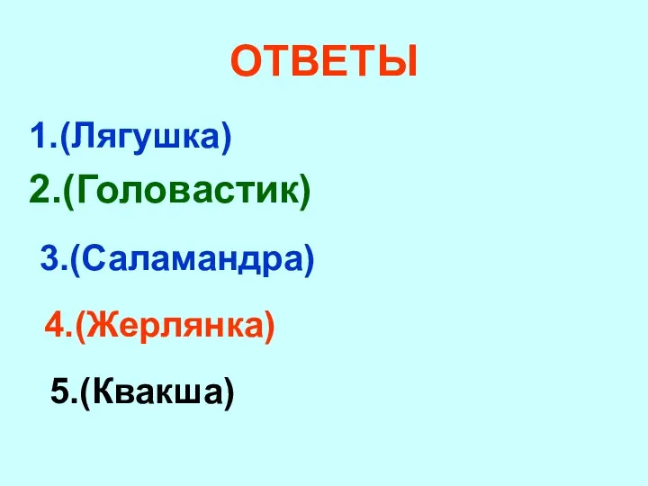 ОТВЕТЫ 1.(Лягушка) 2.(Головастик) 3.(Саламандра) 4.(Жерлянка) 5.(Квакша)