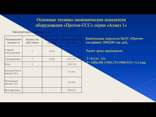 Основные технико-экономические показатели оборудования «Протон-ССС» серии «Алмаз 1» Эксплуатационные расходы