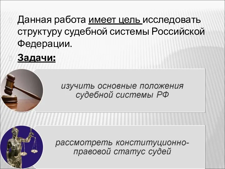 Данная работа имеет цель исследовать структуру судебной системы Российской Федерации. Задачи: