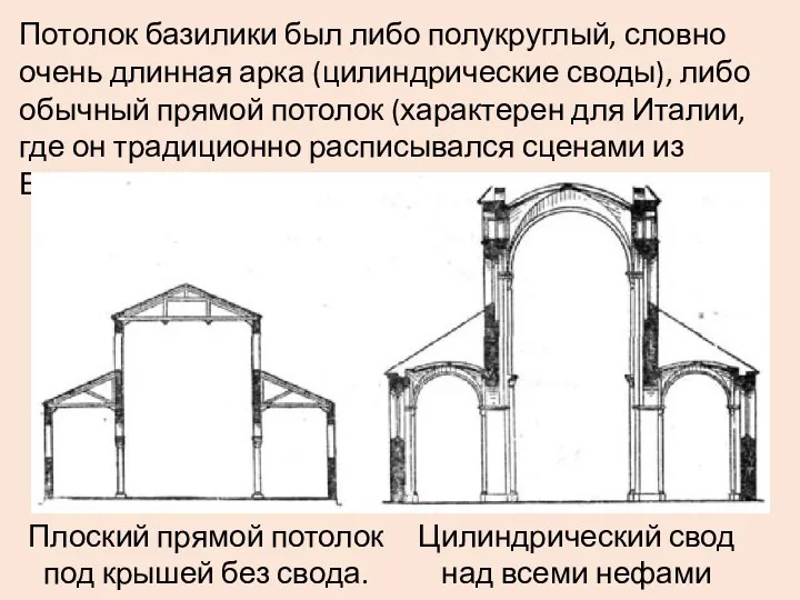 Потолок базилики был либо полукруглый, словно очень длинная арка (цилиндрические