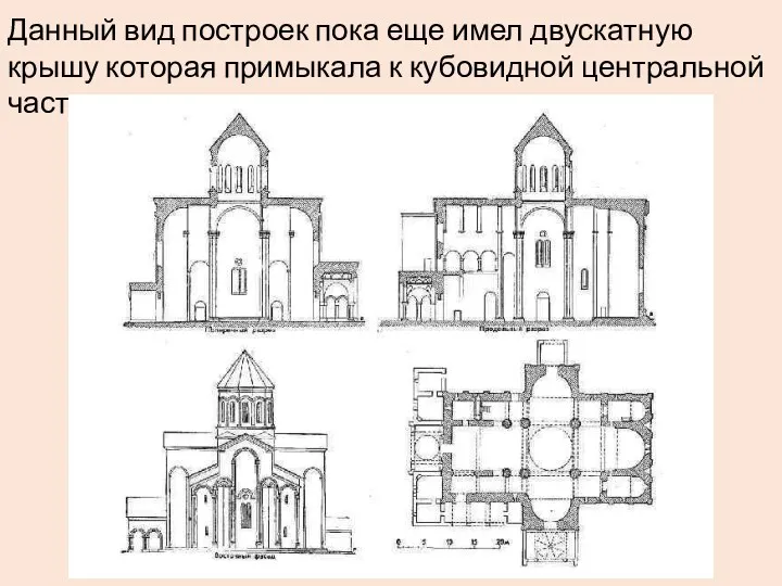 Данный вид построек пока еще имел двускатную крышу которая примыкала к кубовидной центральной части.