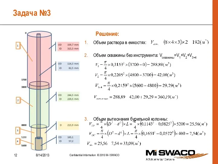 Задача №3 Объем раствора в емкостях: Объем скважины без инструмента: Vскважины=V1+V2+V3+4 Объем вытеснения бурильной колонны: Решение: