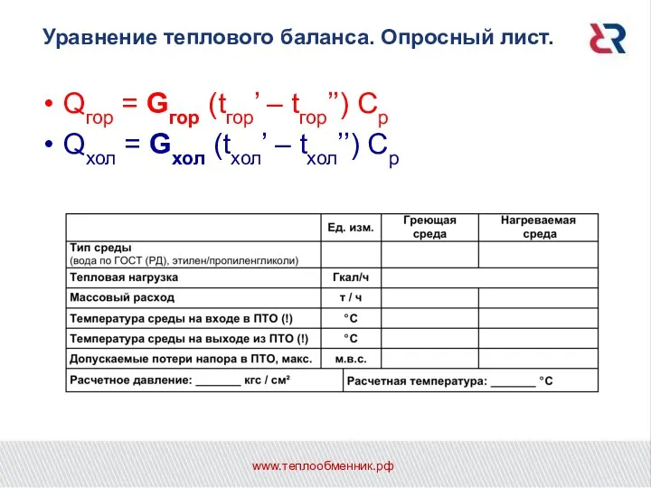 Уравнение теплового баланса. Опросный лист. Qгор = Gгор (tгор’ –