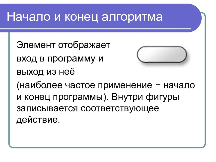 Начало и конец алгоритма Элемент отображает вход в программу и