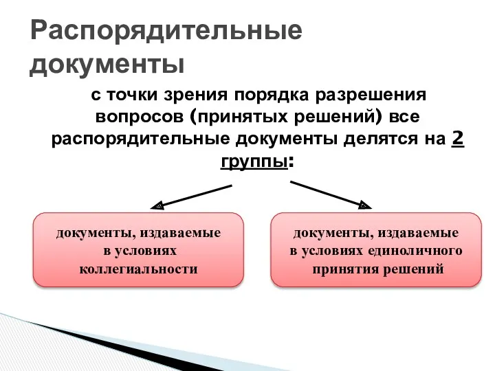 Распорядительные документы с точки зрения порядка разрешения вопросов (принятых решений)