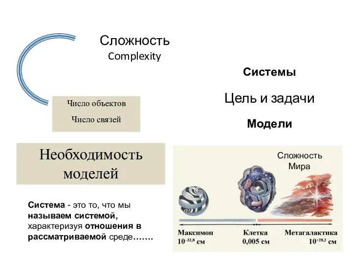 Сложность Complexity Число объектов Число связей Системы Цель и задачи Модели Необходимость моделей