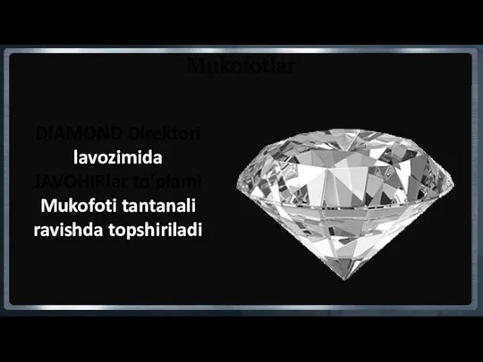 Mukofotlar DIAMOND Direktori lavozimida JAVOHIRlar to’plami Mukofoti tantanali ravishda topshiriladi