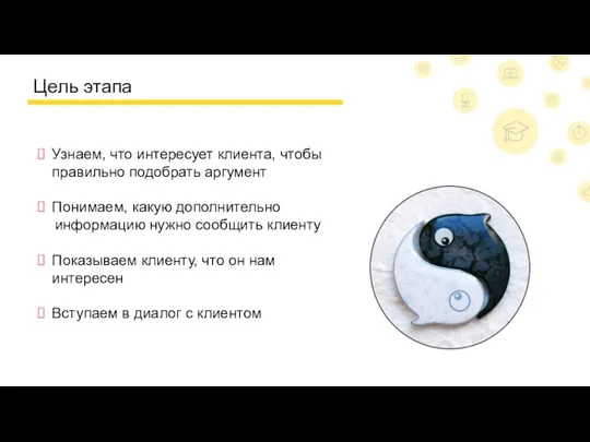 Цель этапа Узнаем, что интересует клиента, чтобы правильно подобрать аргумент