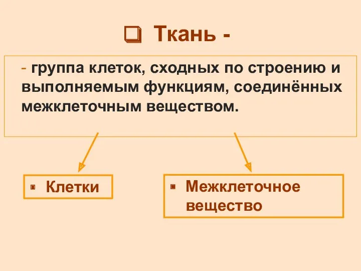 Ткань - - группа клеток, сходных по строению и выполняемым функциям, соединённых межклеточным