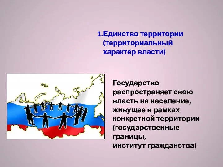 Единство территории (территориальный характер власти) Государство распространяет свою власть на