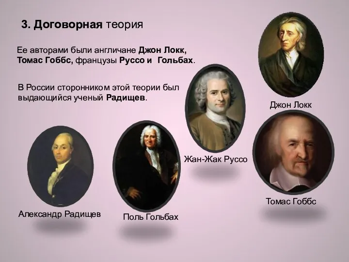 3. Договорная теория Ее авторами были англичане Джон Локк, Томас Гоббс, французы Руссо