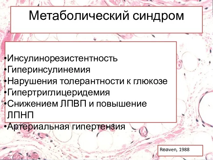 Инсулинорезистентность Гиперинсулинемия Нарушения толерантности к глюкозе Гипертриглицеридемия Снижением ЛПВП и