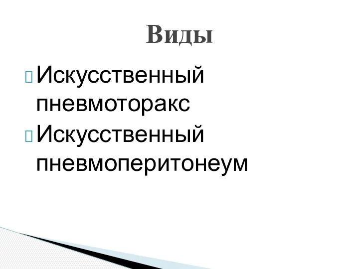 Искусственный пневмоторакс Искусственный пневмоперитонеум Виды