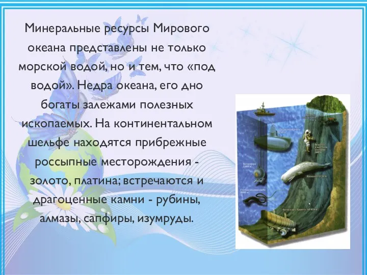 Минеральные ресурсы Мирового океана представлены не только морской водой, но