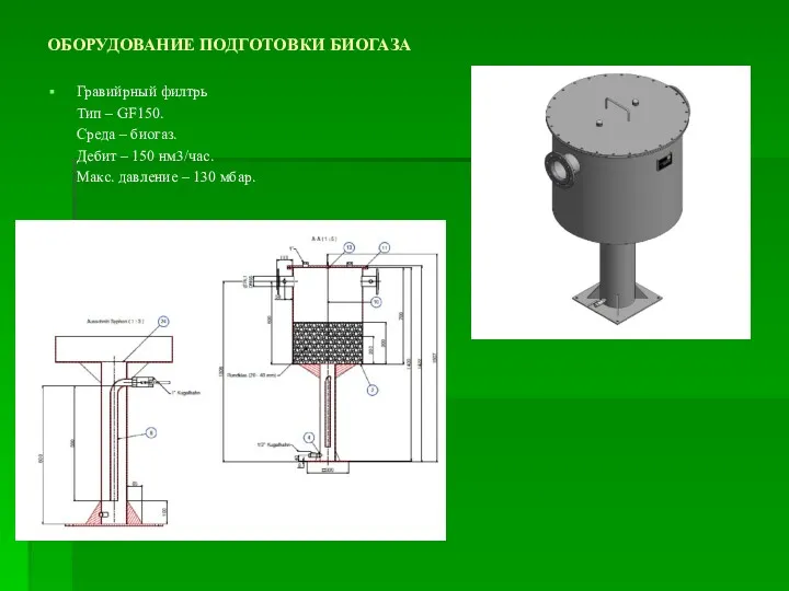 ОБОРУДОВАНИЕ ПОДГОТОВКИ БИОГАЗА Гравийрный филтрь Тип – GF150. Среда – биогаз. Дебит –