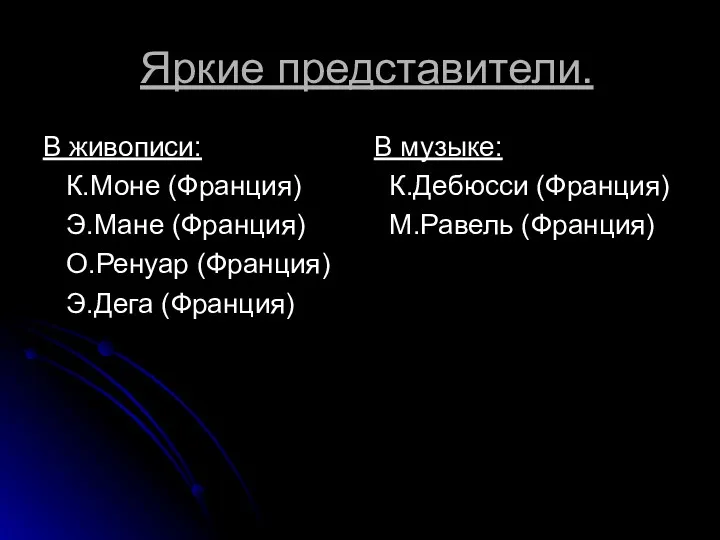 Яркие представители. В живописи: К.Моне (Франция) Э.Мане (Франция) О.Ренуар (Франция)