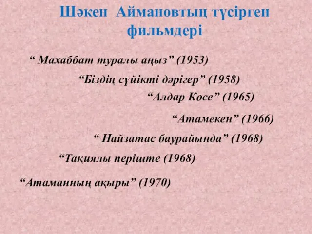 Шәкен Аймановтың түсірген фильмдері “ Махаббат туралы аңыз” (1953) “Біздің