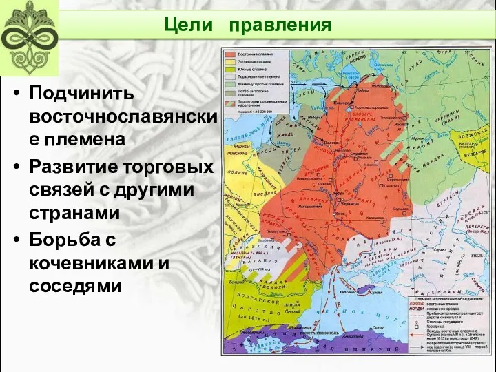 Подчинить восточнославянские племена Развитие торговых связей с другими странами Борьба с кочевниками и соседями Цели правления