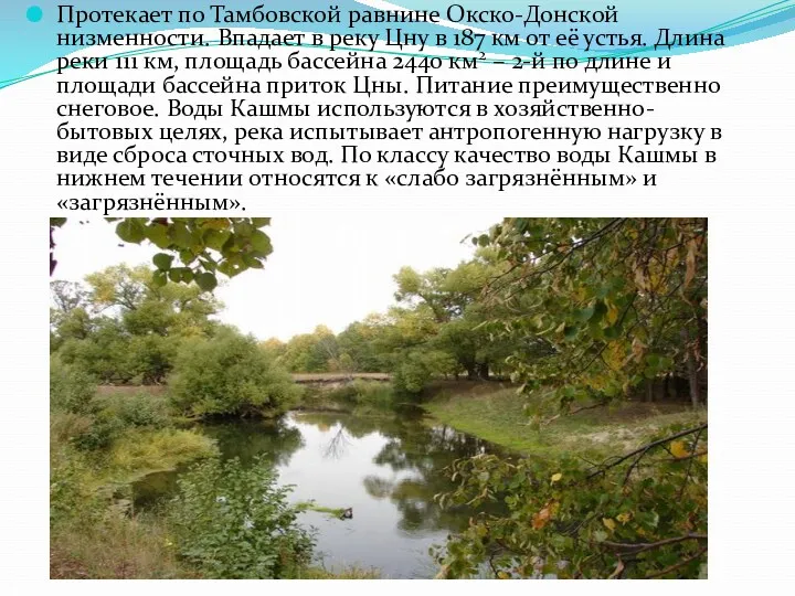 Протекает по Тамбовской равнине Окско-Донской низменности. Впадает в реку Цну