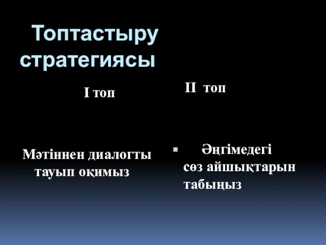 Топтастыру стратегиясы I топ Мәтіннен диалогты тауып оқимыз II топ Әңгімедегі сөз айшықтарын табыңыз