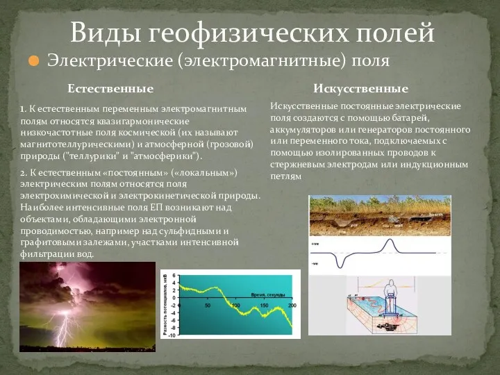 Электрические (электромагнитные) поля Виды геофизических полей Естественные Искусственные 1. К