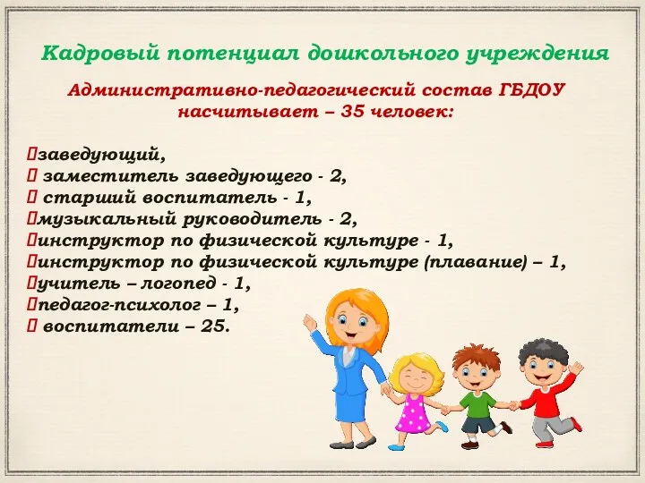 Кадровый потенциал дошкольного учреждения Административно-педагогический состав ГБДОУ насчитывает – 35