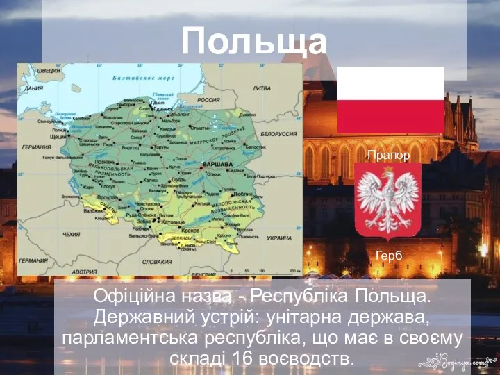 Польща Офіційна назва - Республіка Польща. Державний устрій: унітарна держава, парламентська республіка, що