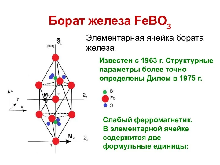 Борат железа FeBO3 Элементарная ячейка бората железа. Слабый ферромагнетик. В