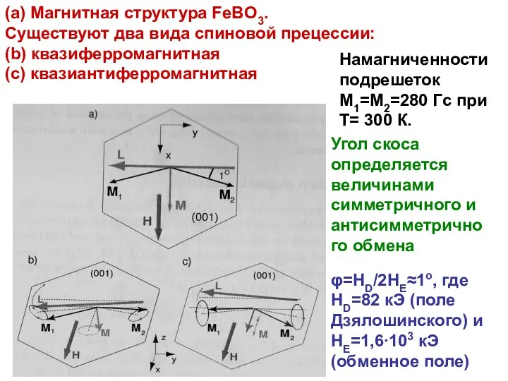 φ=HD/2HE≈1o, где HD=82 кЭ (поле Дзялошинского) и НЕ=1,6∙103 кЭ (обменное