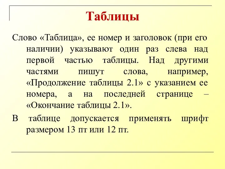 Таблицы Слово «Таблица», ее номер и заголовок (при его наличии)