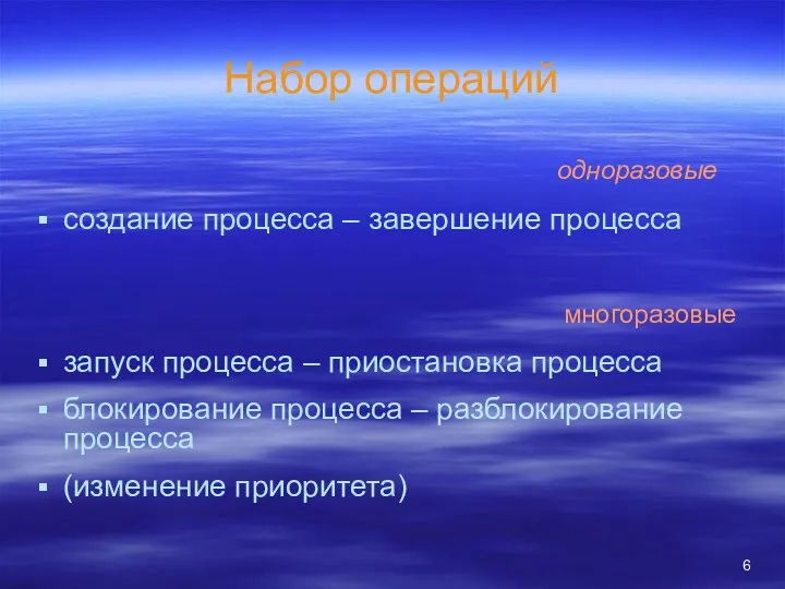 Набор операций создание процесса – завершение процесса запуск процесса –