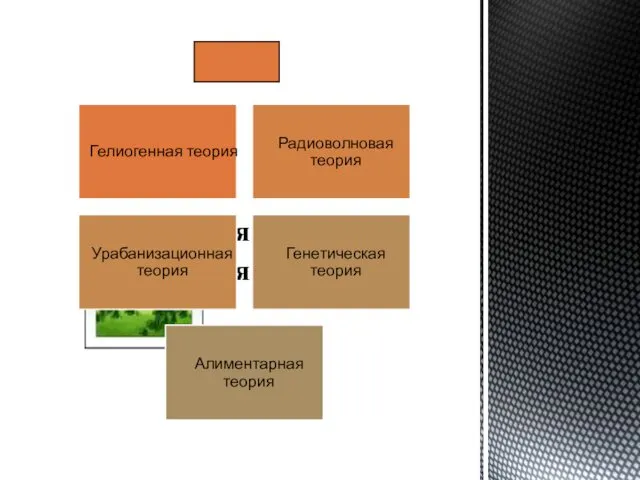 Ретардация Акселерация Гелиогенная теория Радиоволновая теория Урабанизационная теория Генетическая теория Алиментарная теория