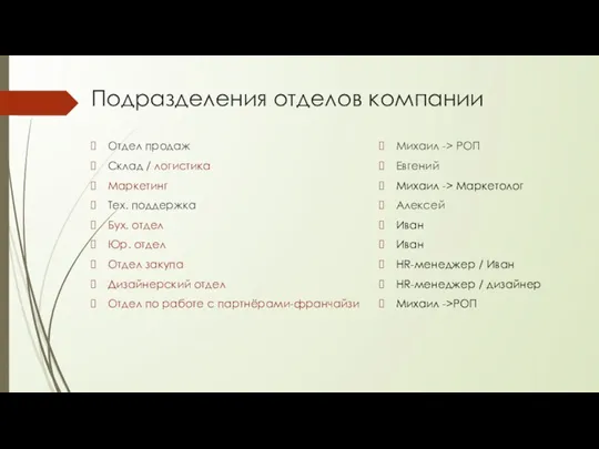 Подразделения отделов компании Отдел продаж Склад / логистика Маркетинг Тех. поддержка Бух. отдел