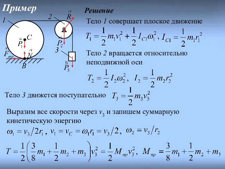 Пример Решение Тело 1 совершает плоское движение Тело 2 вращается относительно неподвижной оси