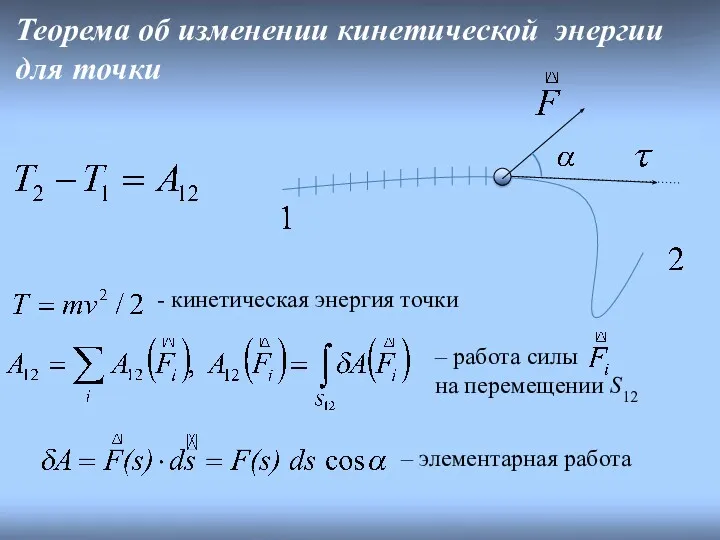 - кинетическая энергия точки Теорема об изменении кинетической энергии для точки – элементарная работа