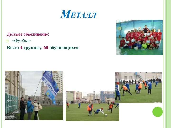Металл Детское объединение: «Футбол» Всего 4 группы, 60 обучающихся