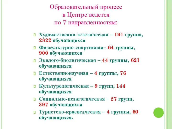 Образовательный процесс в Центре ведется по 7 направленностям: Художественно-эстетическая –