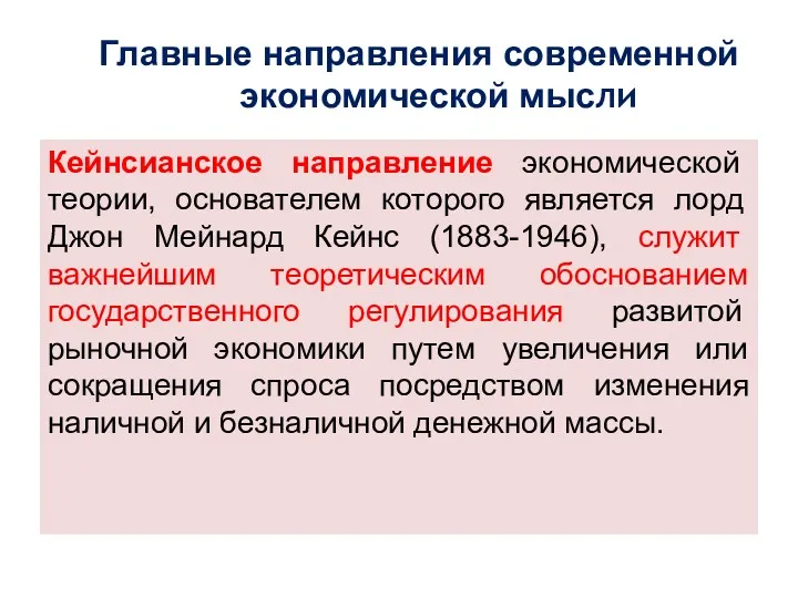 Главные направления современной экономической мысли Кейнсианское направление экономической теории, основателем