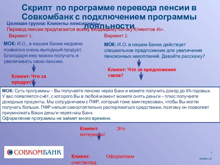 Скрипт по программе перевода пенсии в Совкомбанк с подключением программы