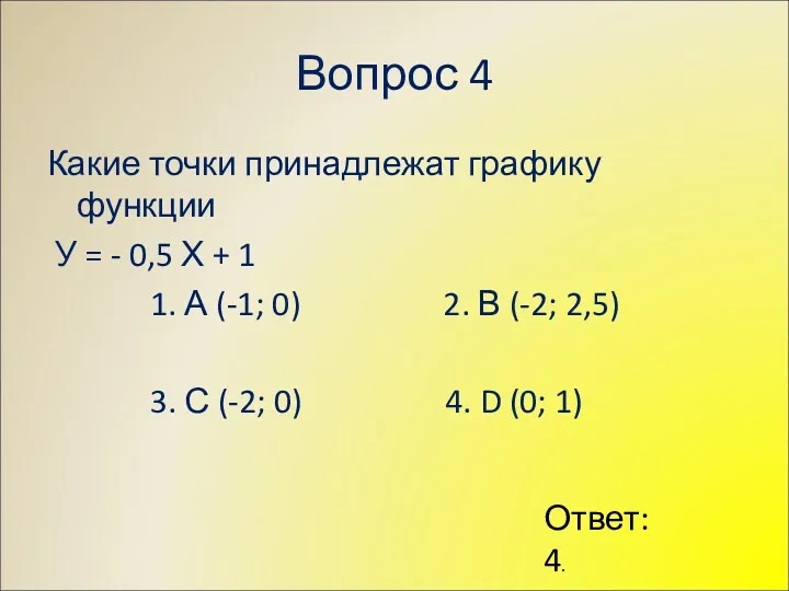 Вопрос 4 Какие точки принадлежат графику функции У = -