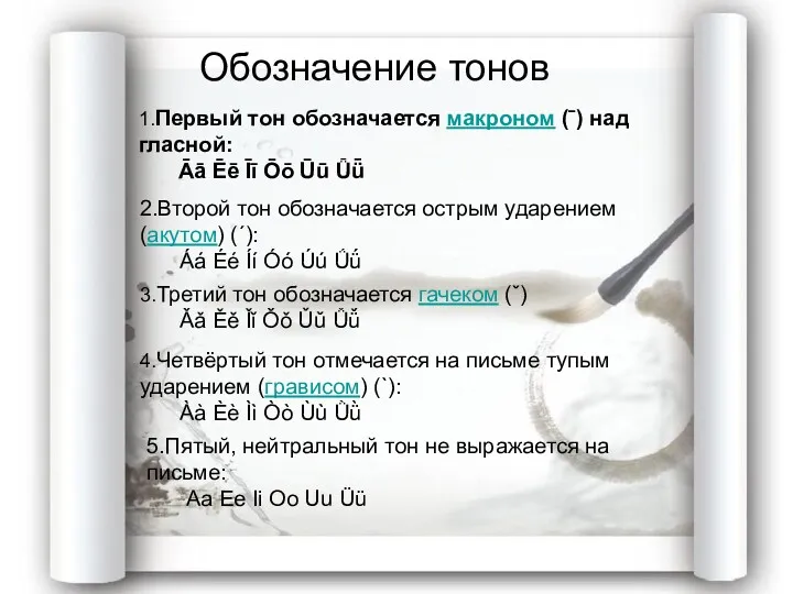 Обозначение тонов Обозначение тонов 1.Первый тон обозначается макроном (ˉ) над