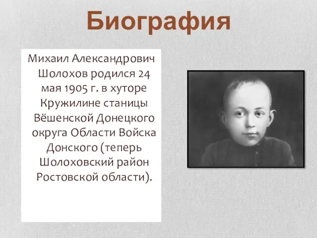 Биография Михаил Александрович Шолохов родился 24 мая 1905 г. в