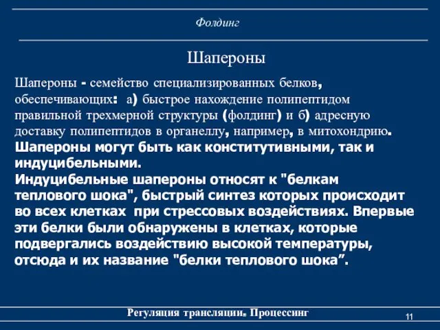 Фолдинг Регуляция трансляции. Процессинг Шапероны Шапероны - семейство специализированных белков,