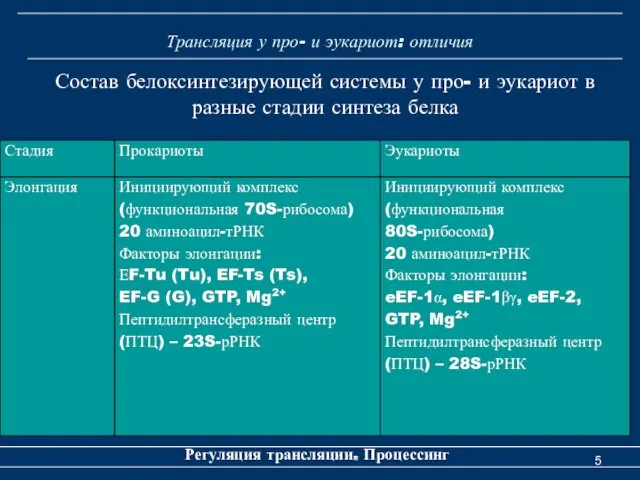 Трансляция у про- и эукариот: отличия Регуляция трансляции. Процессинг Состав