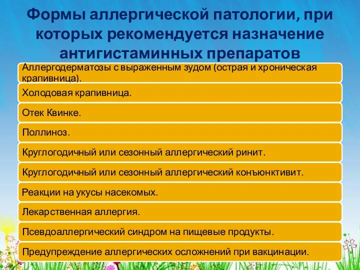 Формы аллергической патологии, при которых рекомендуется назначение антигистаминных препаратов